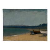 Oil on canvas 20th century beach and fishing boats by G. Carlos