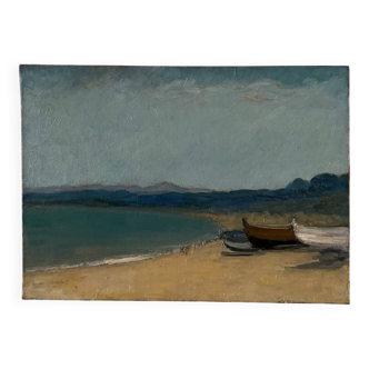 Huile sur toile XXe plage et barques de pêcheurs par G. Carlos