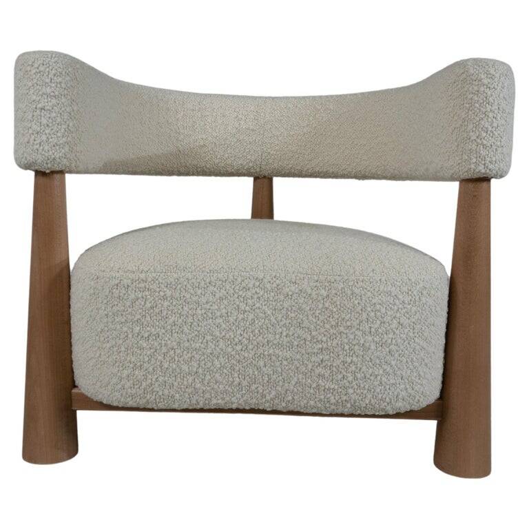 Contemporary Pair of Italian Armchairs, Wood and White Boucle Fabric