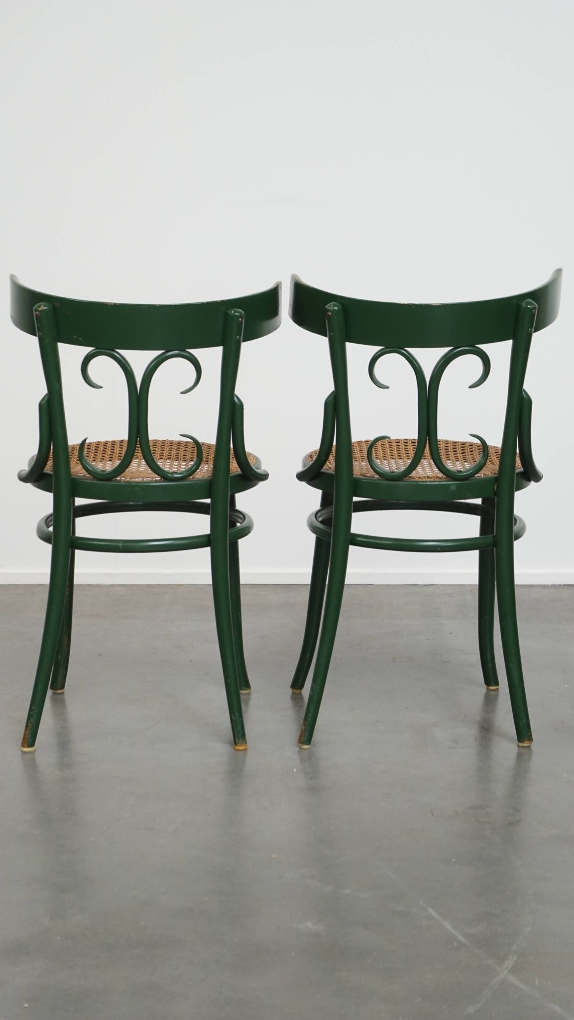 Set of 4 Green Vintage Bistro Chairs with Woven Rattan Seats