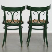 Set of 4 Green Vintage Bistro Chairs with Woven Rattan Seats