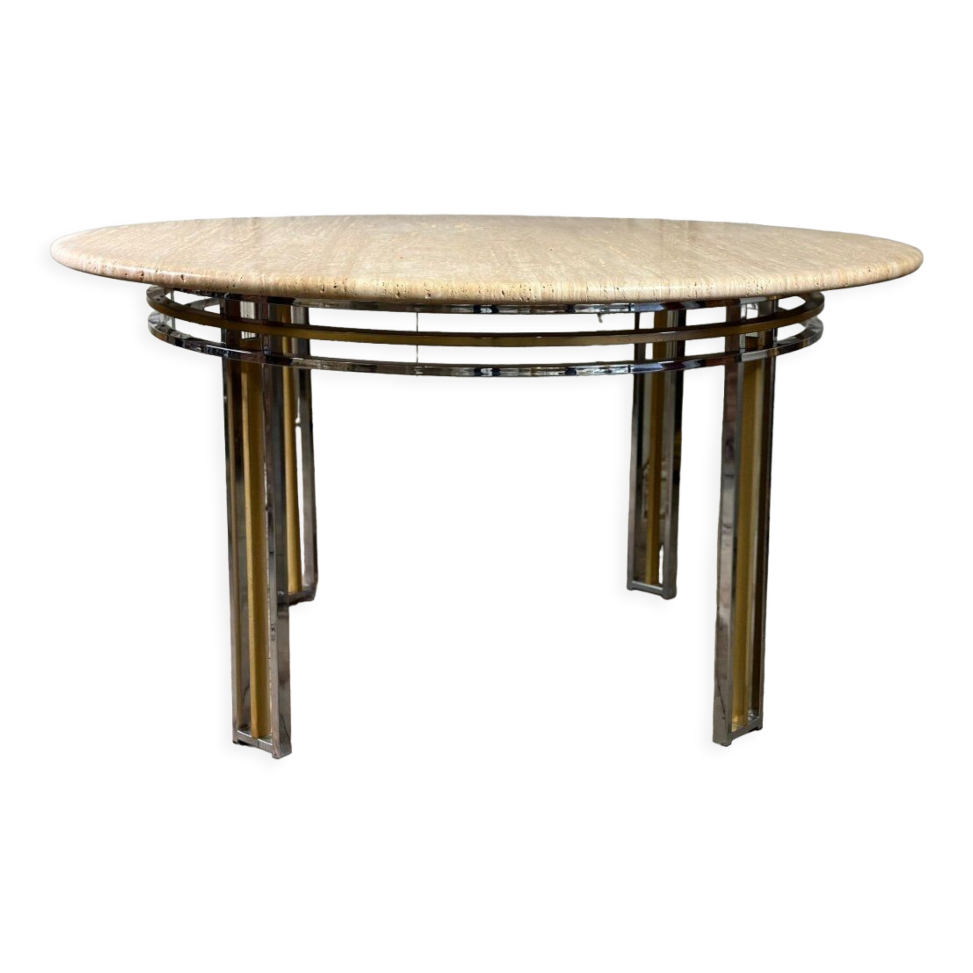 Dining table in chromed metal and matt gold, travertine shelf circa 1980