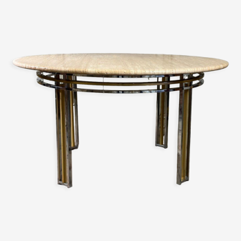 Dining table in chromed metal and matt gold, travertine shelf circa 1980