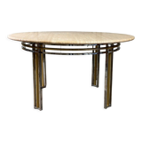 Dining table in chromed metal and matt gold, travertine shelf circa 1980