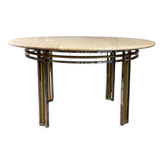 Dining table in chromed metal and matt gold, travertine shelf circa 1980