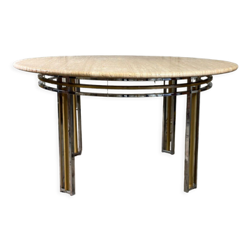 Dining table in chromed metal and matt gold, travertine shelf circa 1980