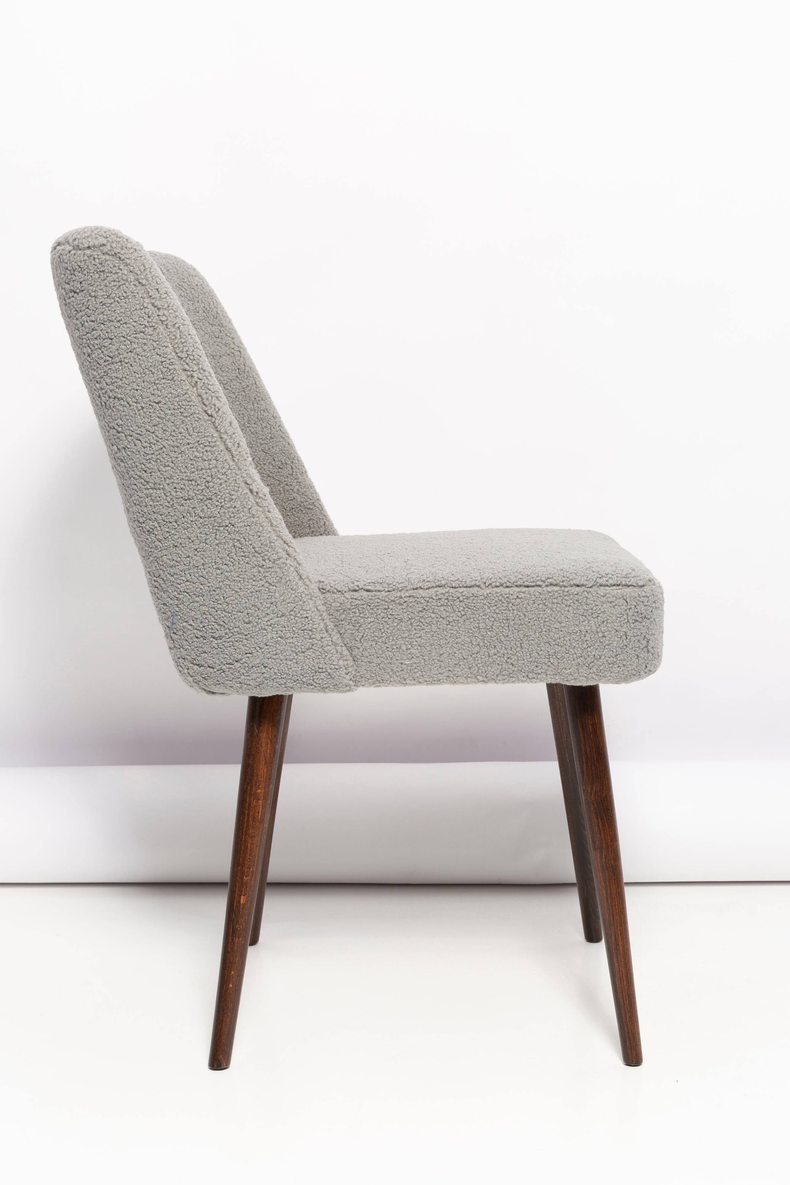 Grey boucle shell chair, dark beech wood, Poland, 1960s.