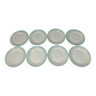 Lot de 8 assiettes plates Lunéville modèle "Régence" vert d'eau , fin XIXe
