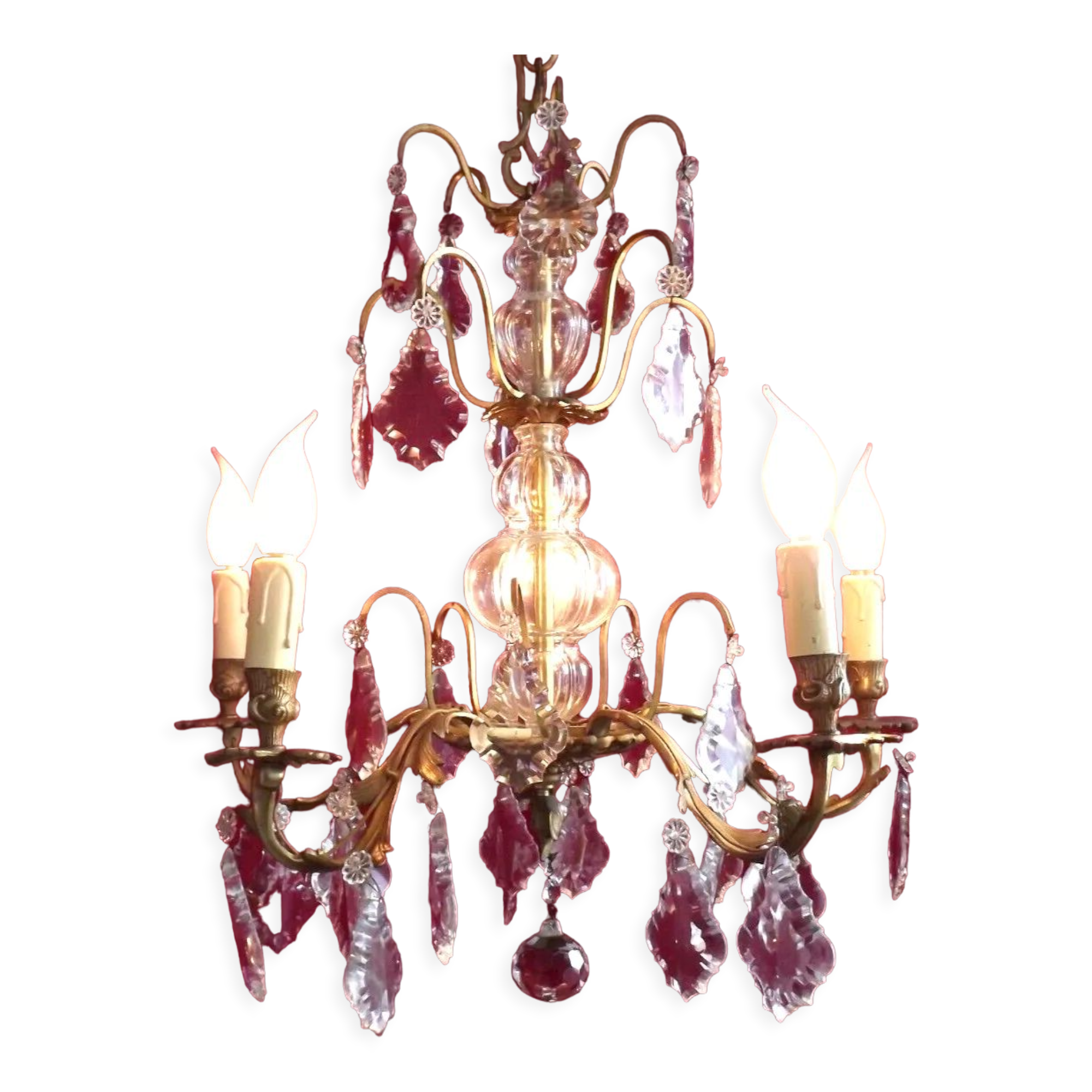 French antique 5 light brass crystal & glass acanthus leaf chandelier