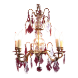 French antique 5 light brass crystal & glass acanthus leaf chandelier