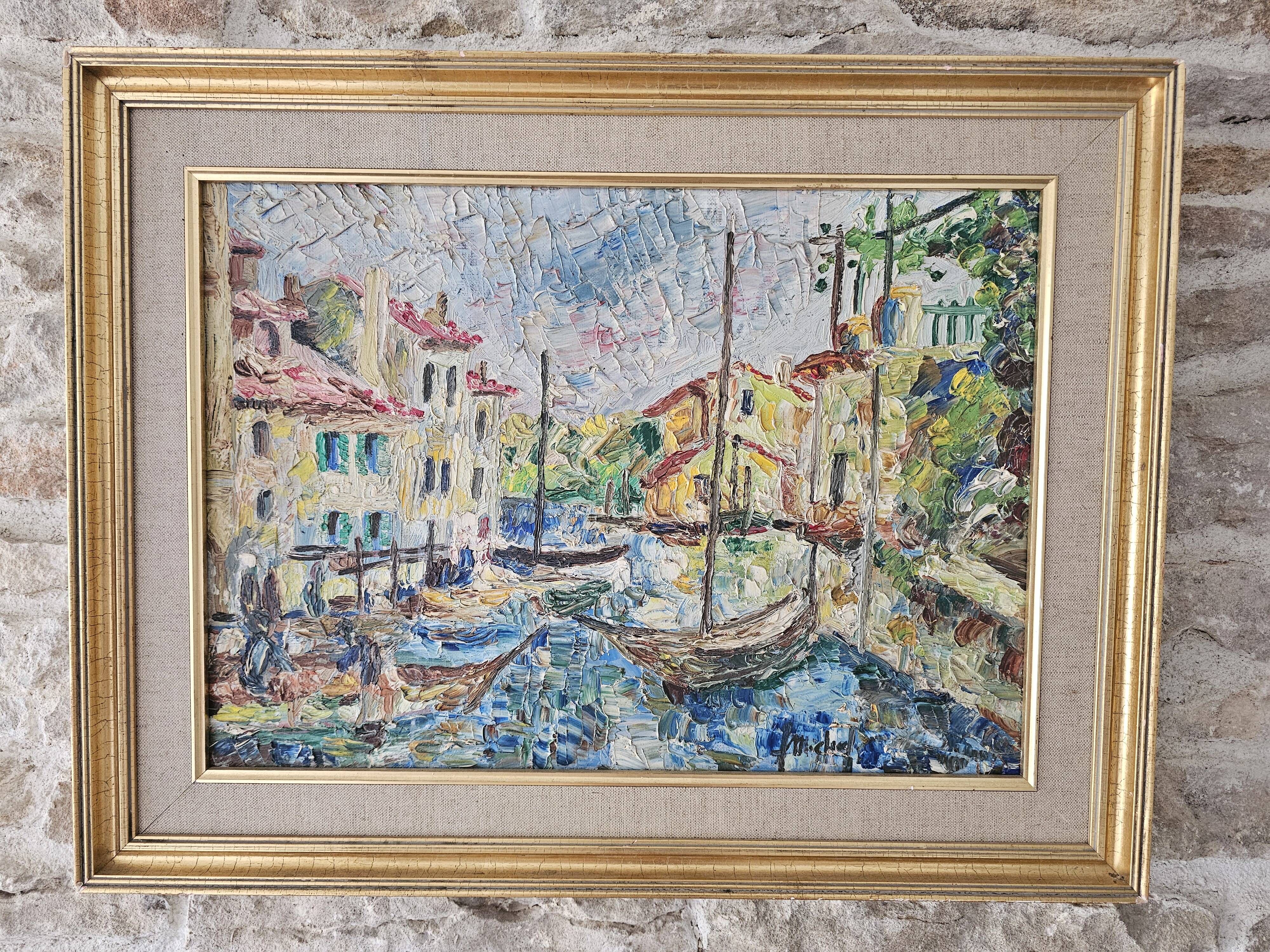 Oil painting on canvas Landscape - Port of Martigues signed Michel 1961