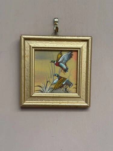 Mid-Century Oil on Panel “ Birds” by Unkown, Vintage & Framed 11 × 11 cm