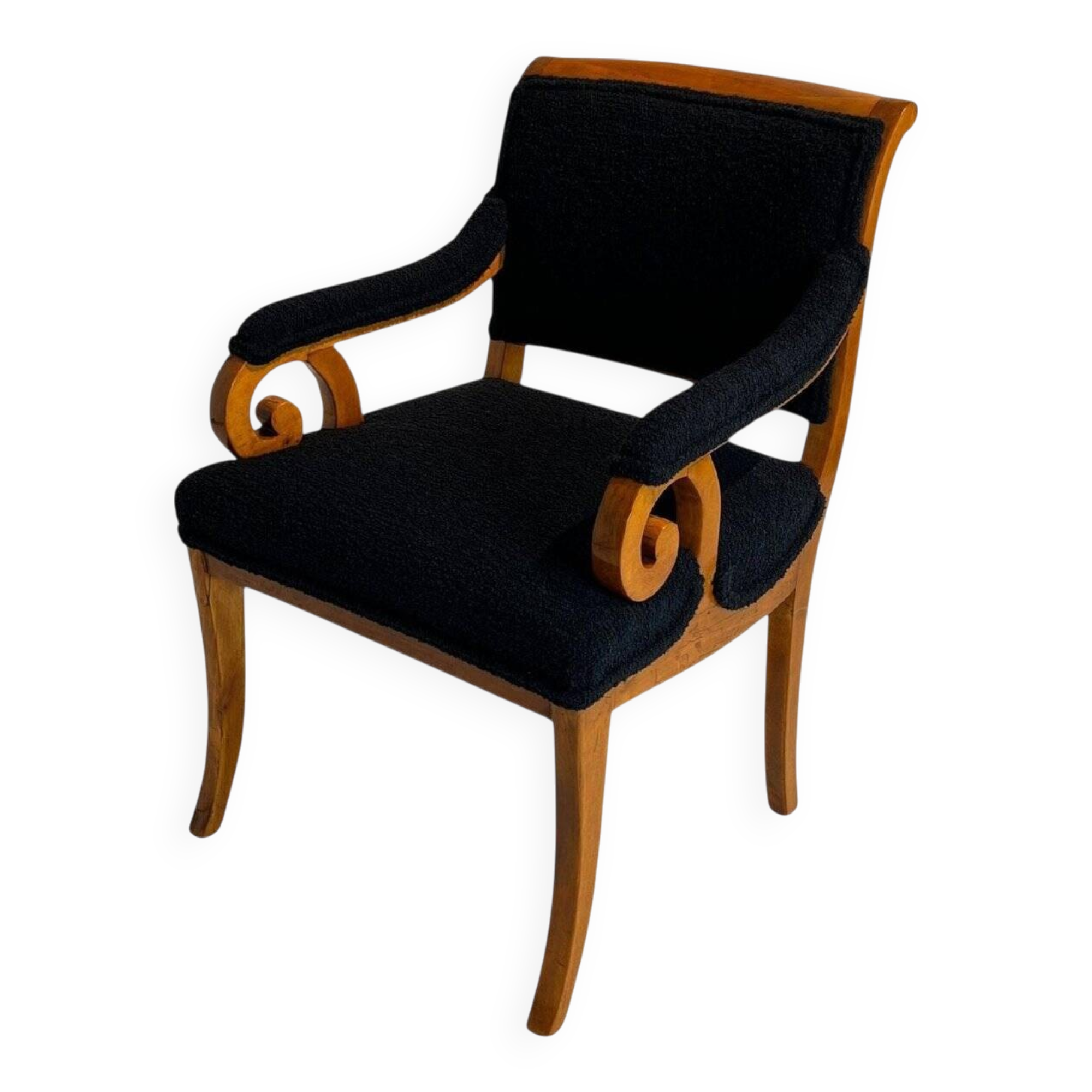 Biedermeier Armchair, Solid Beech, Black Boucle, South Germany circa 1830