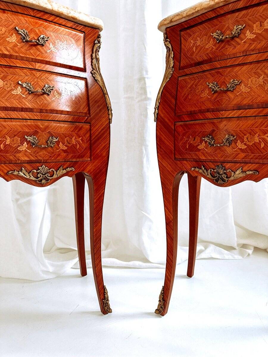 Mid-century French Louis XV style bedside tables with marble tops and floral marquetry, 1940s, set of 2
