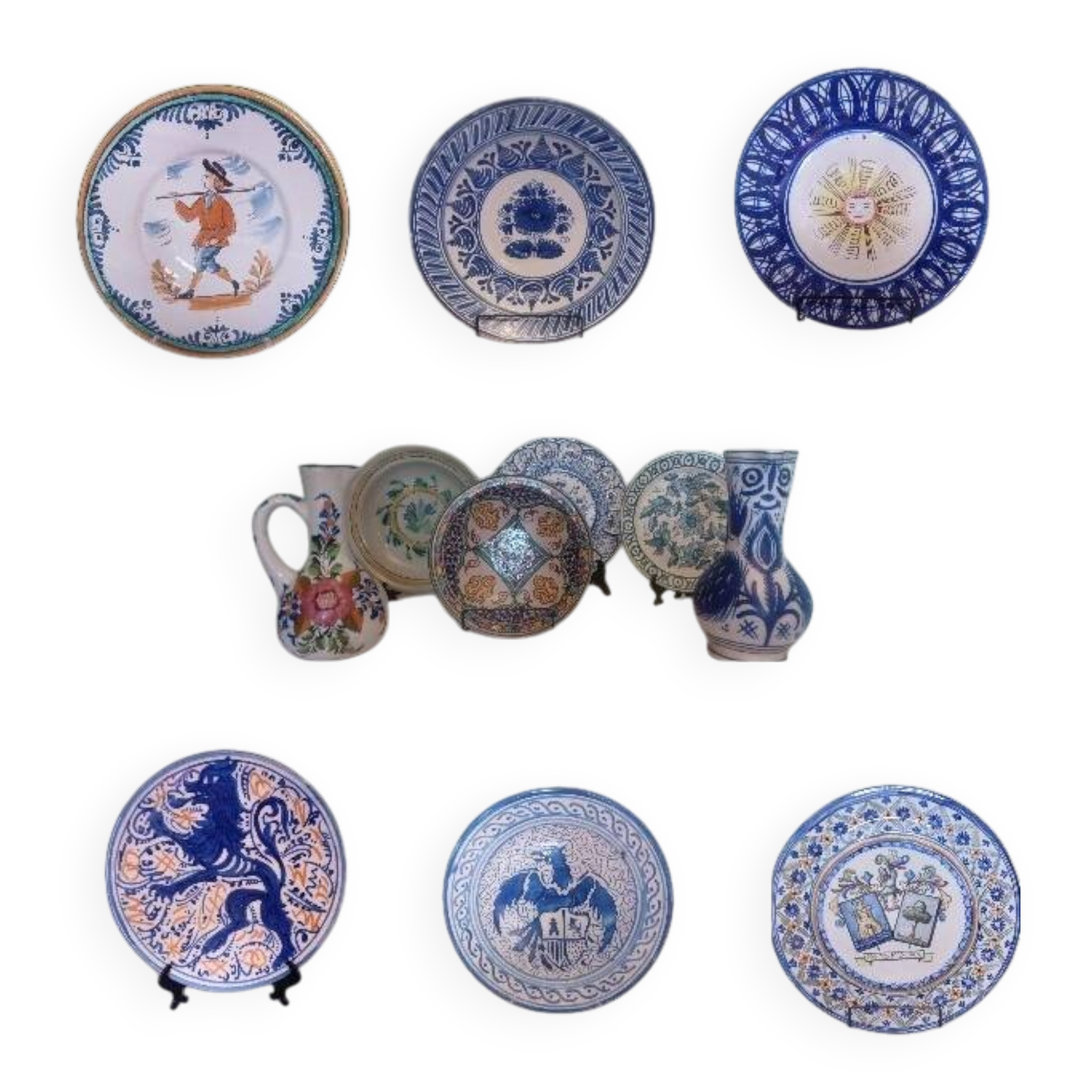 Lot of 10 pieces of vintage Spanish ceramics - Painted hanging crockery