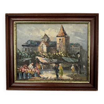 Oil on canvas by Burnett market scene mid 20th century