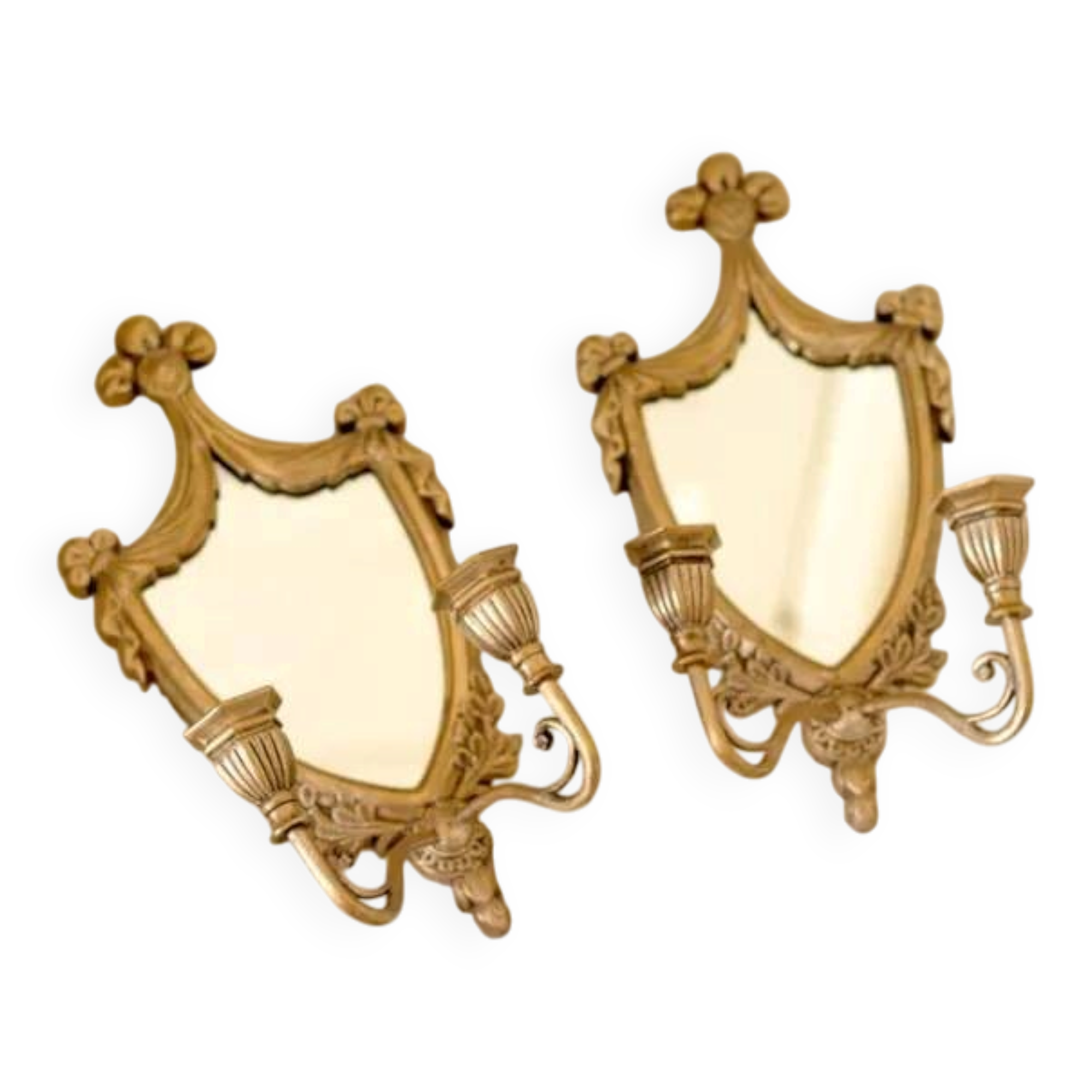 Pair of Vintage Double Arm Italian Brass Sconces with Mirror
