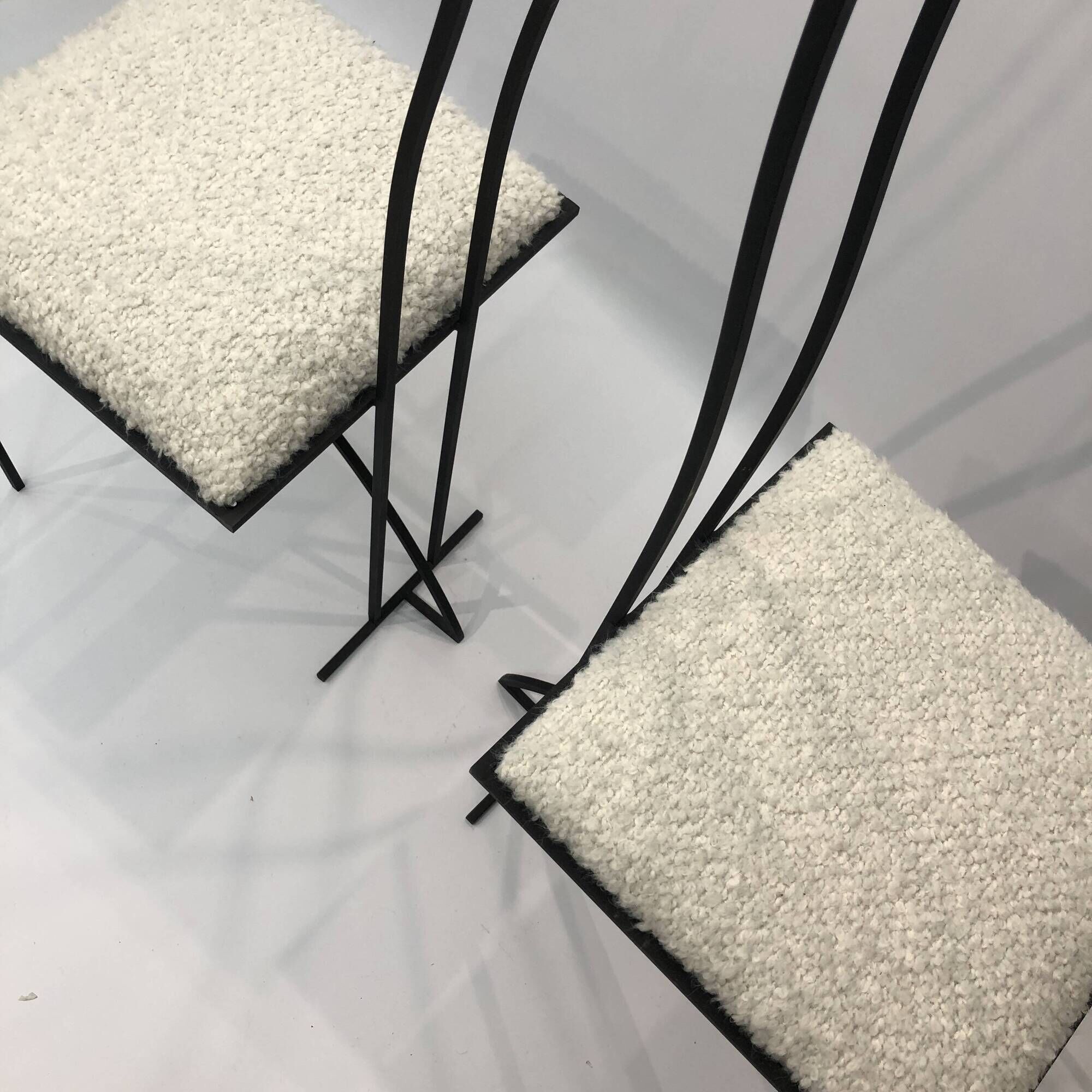 Pair of Postmodern High Back Black Metal Side Chairs in Boucle 1980s Vintage 70s