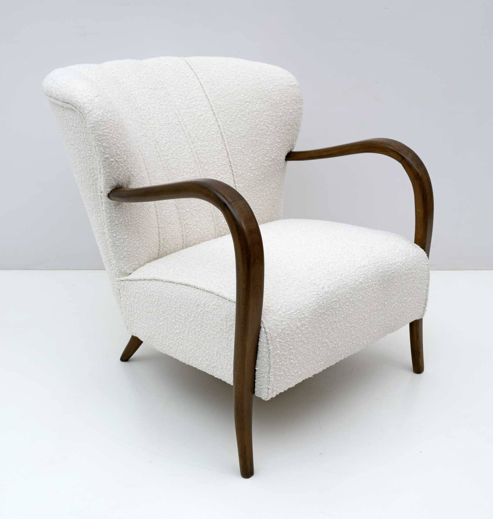 Malatesta and Masson Art Déco Style Italian Walnut and Bouclé Armchair, 50