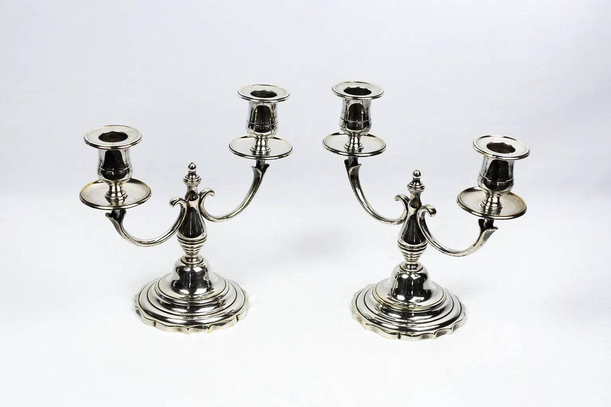 Pair of candlesticks | antique two-armed candelabra in silver-plated metal