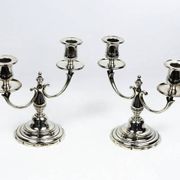 Pair of candlesticks | antique two-armed candelabra in silver-plated metal