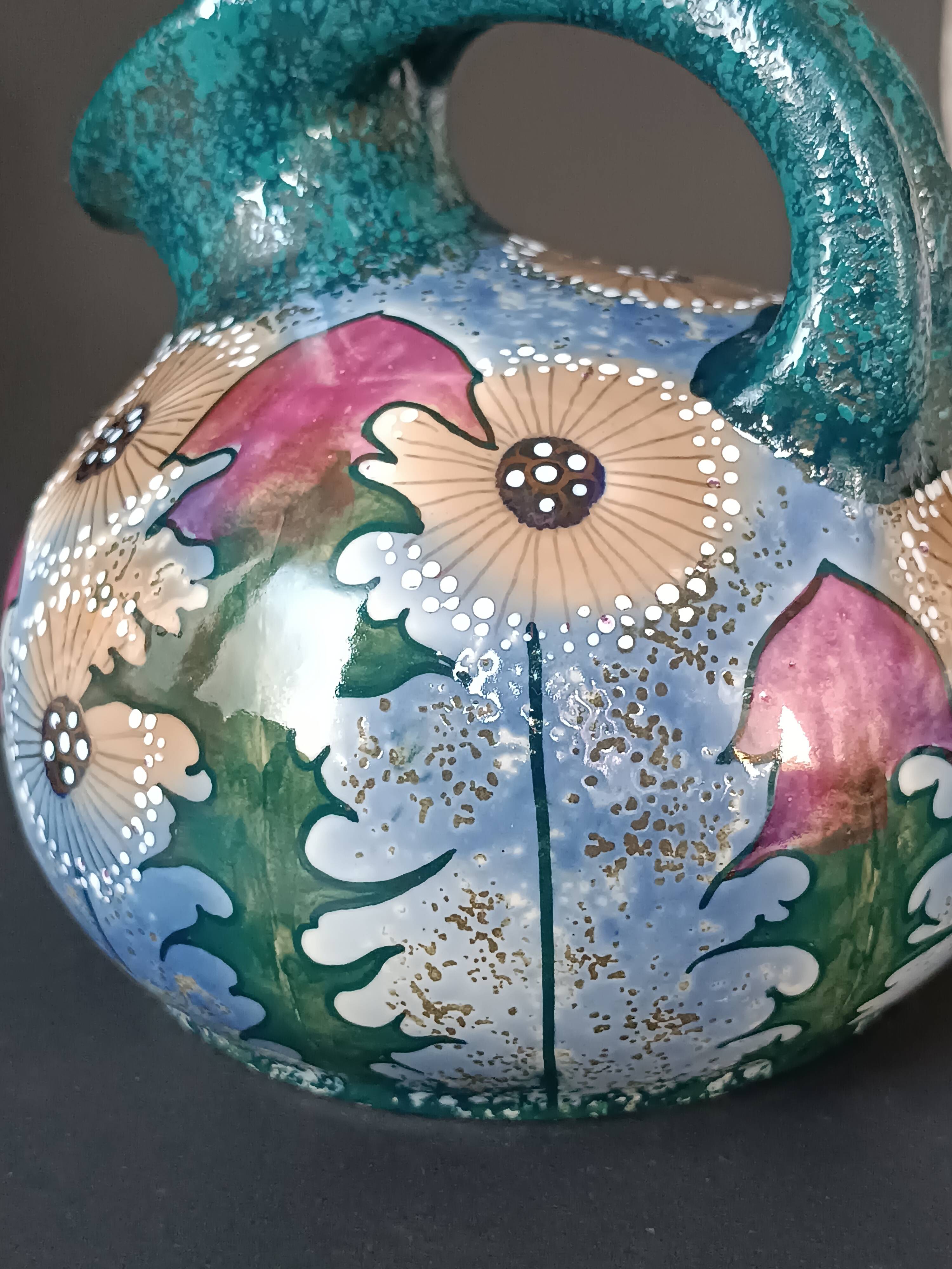 Iridescent porcelain vase with dandelion decoration, Amphora, Czechoslovakia, 1920.
