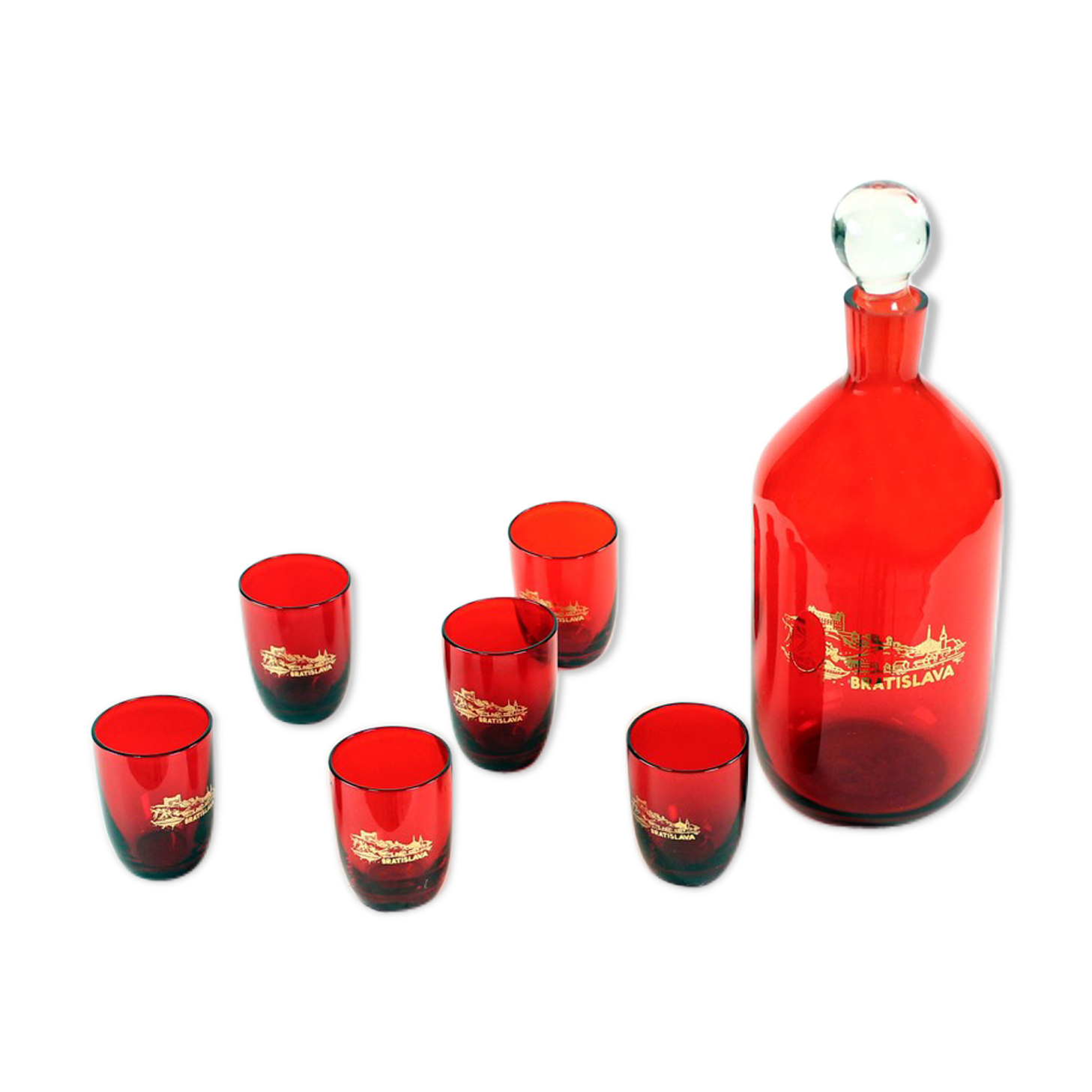 Midcentury alcohol bottle & shots set in red glass, Czechoslovakia circa 1960s
