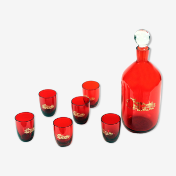 Midcentury alcohol bottle & shots set in red glass, Czechoslovakia circa 1960s