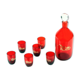 Midcentury alcohol bottle & shots set in red glass, Czechoslovakia circa 1960s