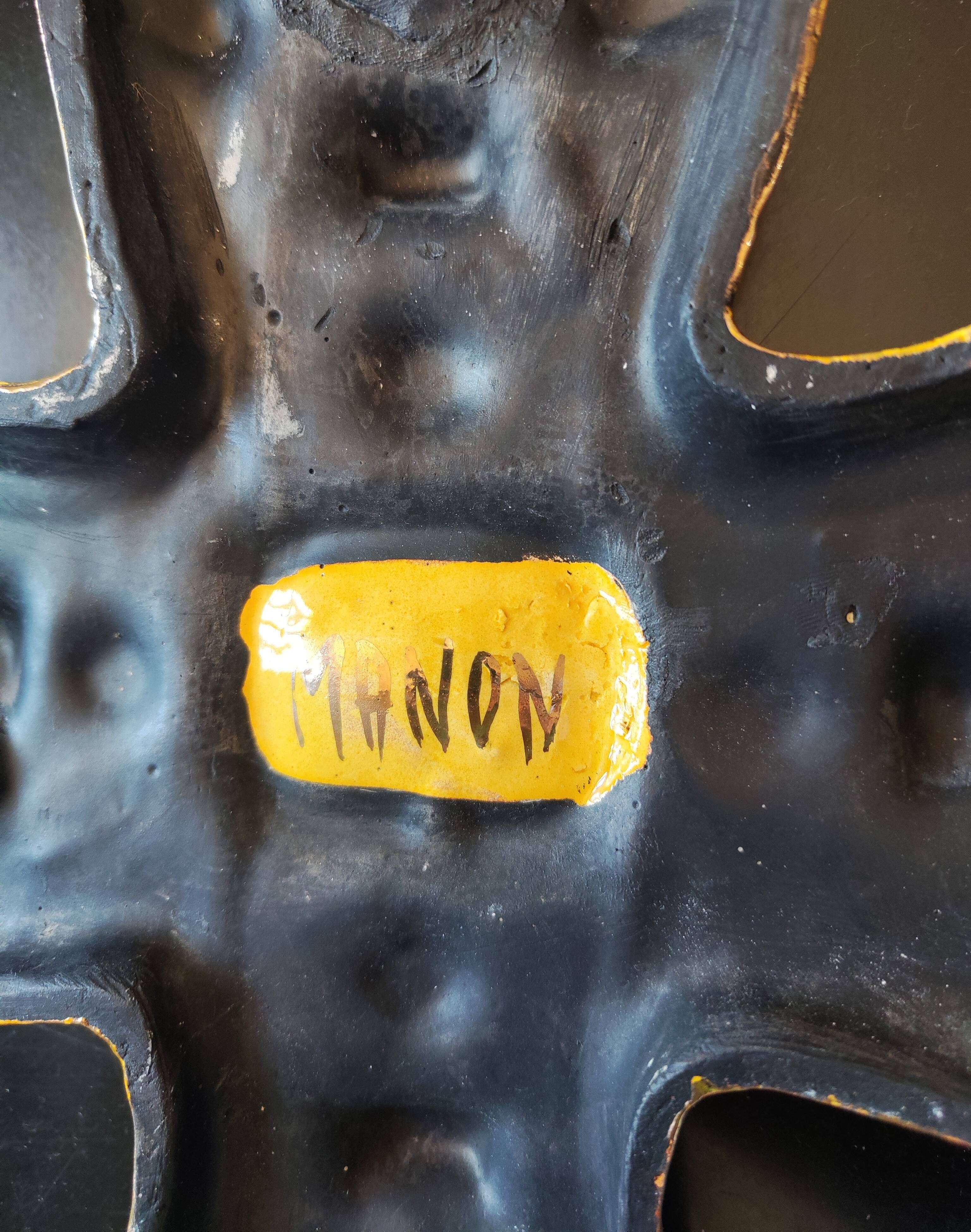 CERAMIC CROSS AND GLASS WARE SIGNED MANON DLG MITHE ESPELT 1960