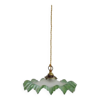 French vintage 1930s patterned glass pendant light with green frilled edge 4450