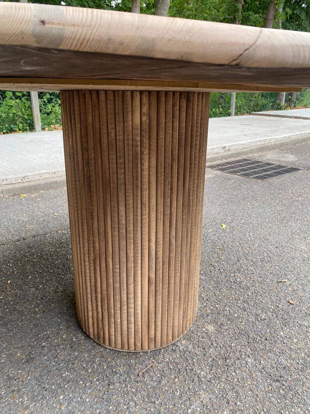 Scandinavian round dining table with a central base, stripped, made of solid raw wood, 90.