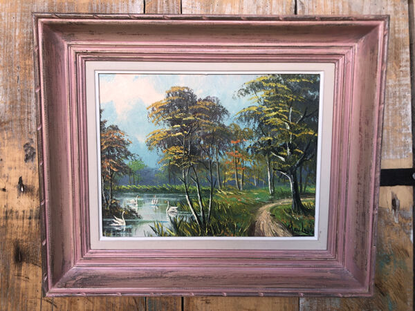 Tableau huile sur toile mau louis bord de rivière + cadre bois #a217