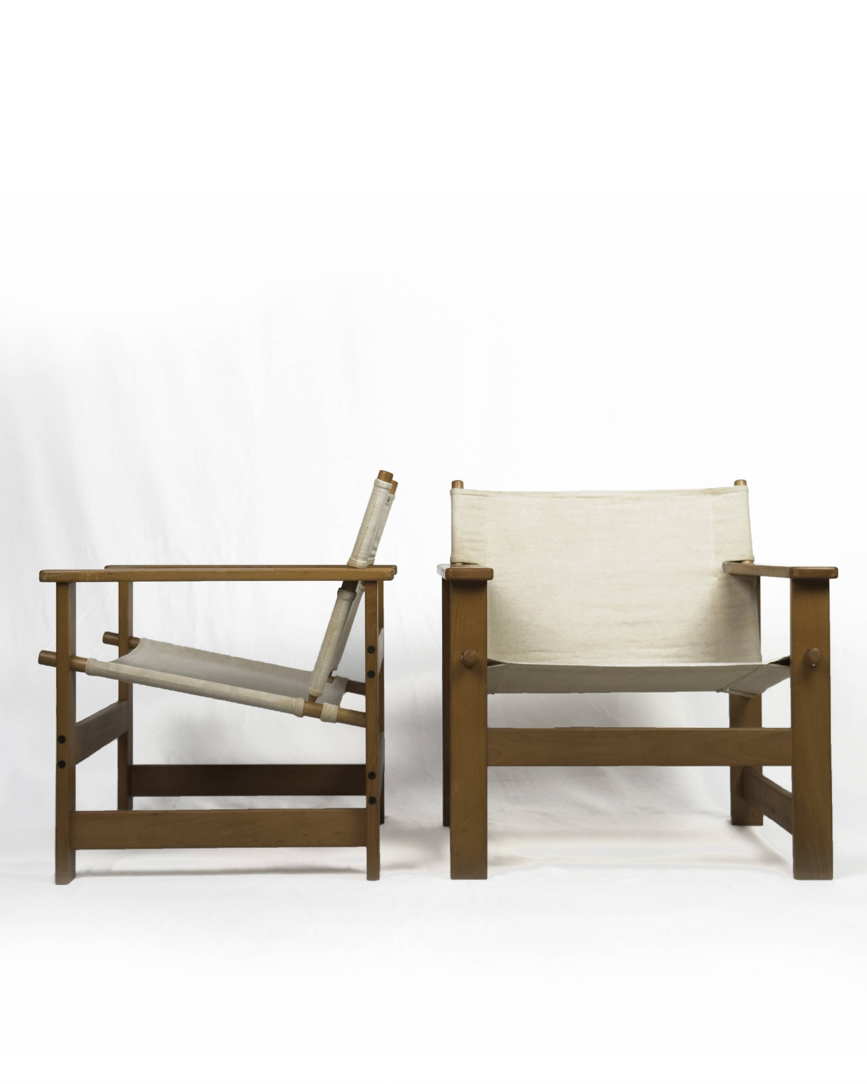 Pair of Vintage Safari Lounge Chairs in Canvas & Wood, 1970s