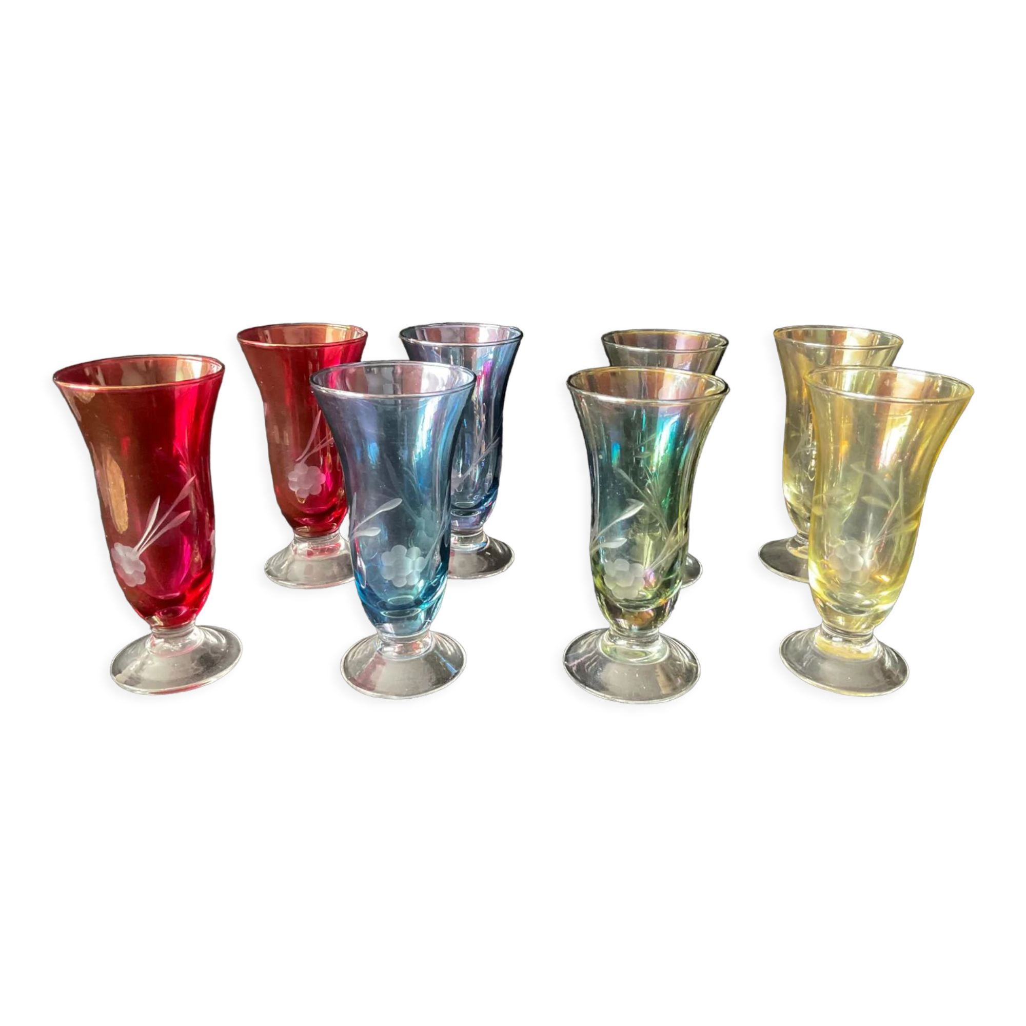 Antique coloured and engraved liquor glasses