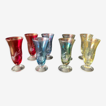 Antique coloured and engraved liquor glasses