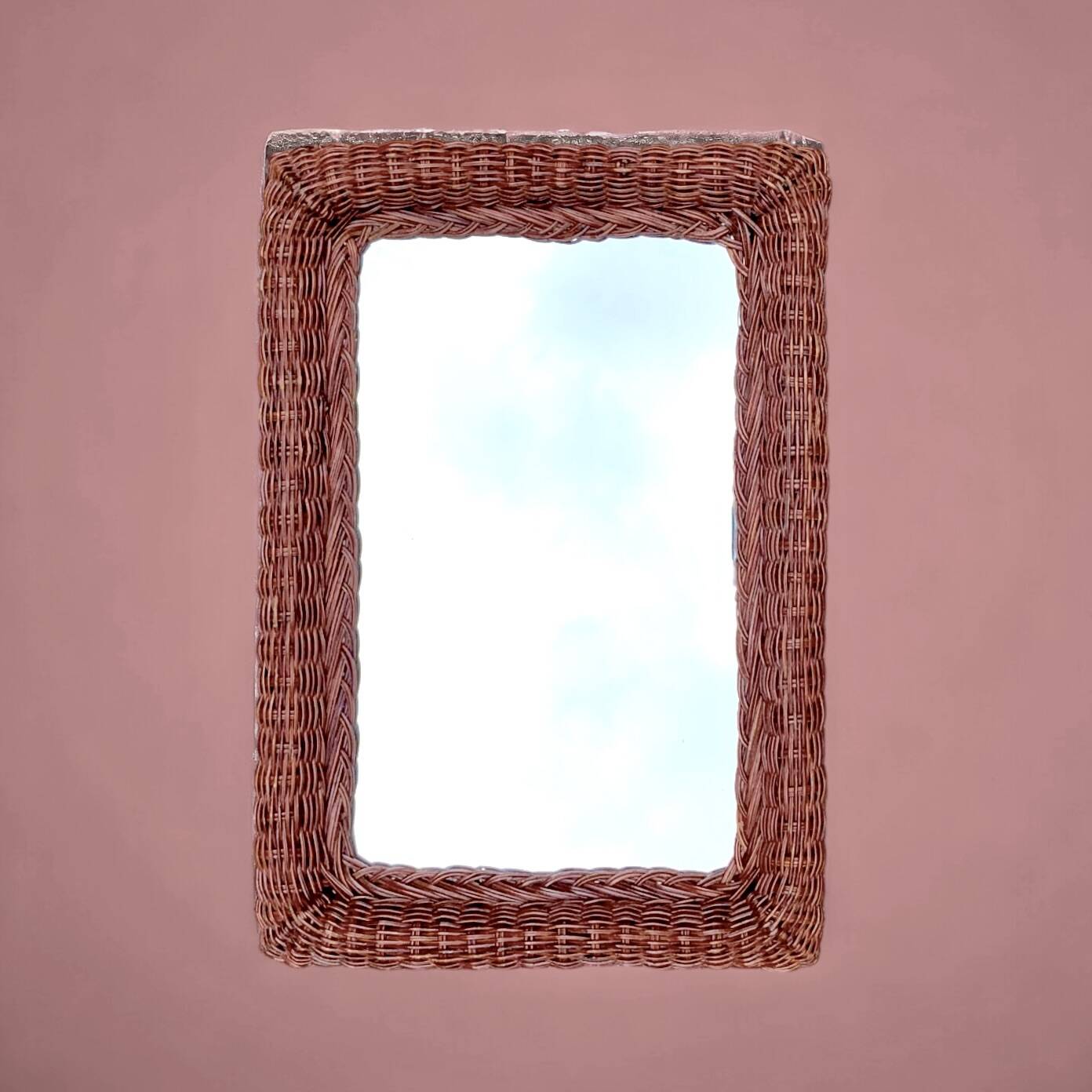 Vintage rectangular woven rattan wall mirror