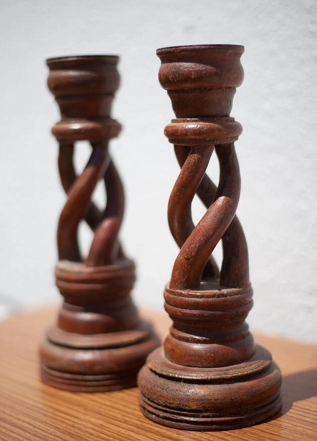 Pair of twisted wooden candle holders, wooden candle holders, carved wood, wooden candle holders, interior decoration