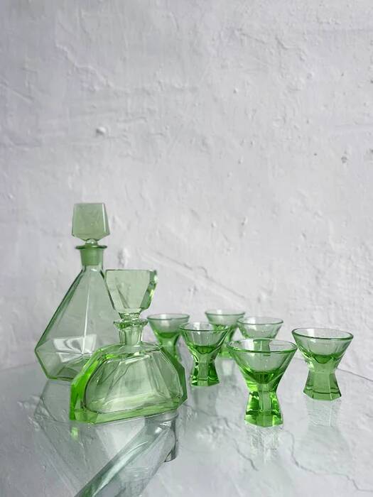 Green glass Art Deco liquor  set, Czechoslovakia 1920s-1930s