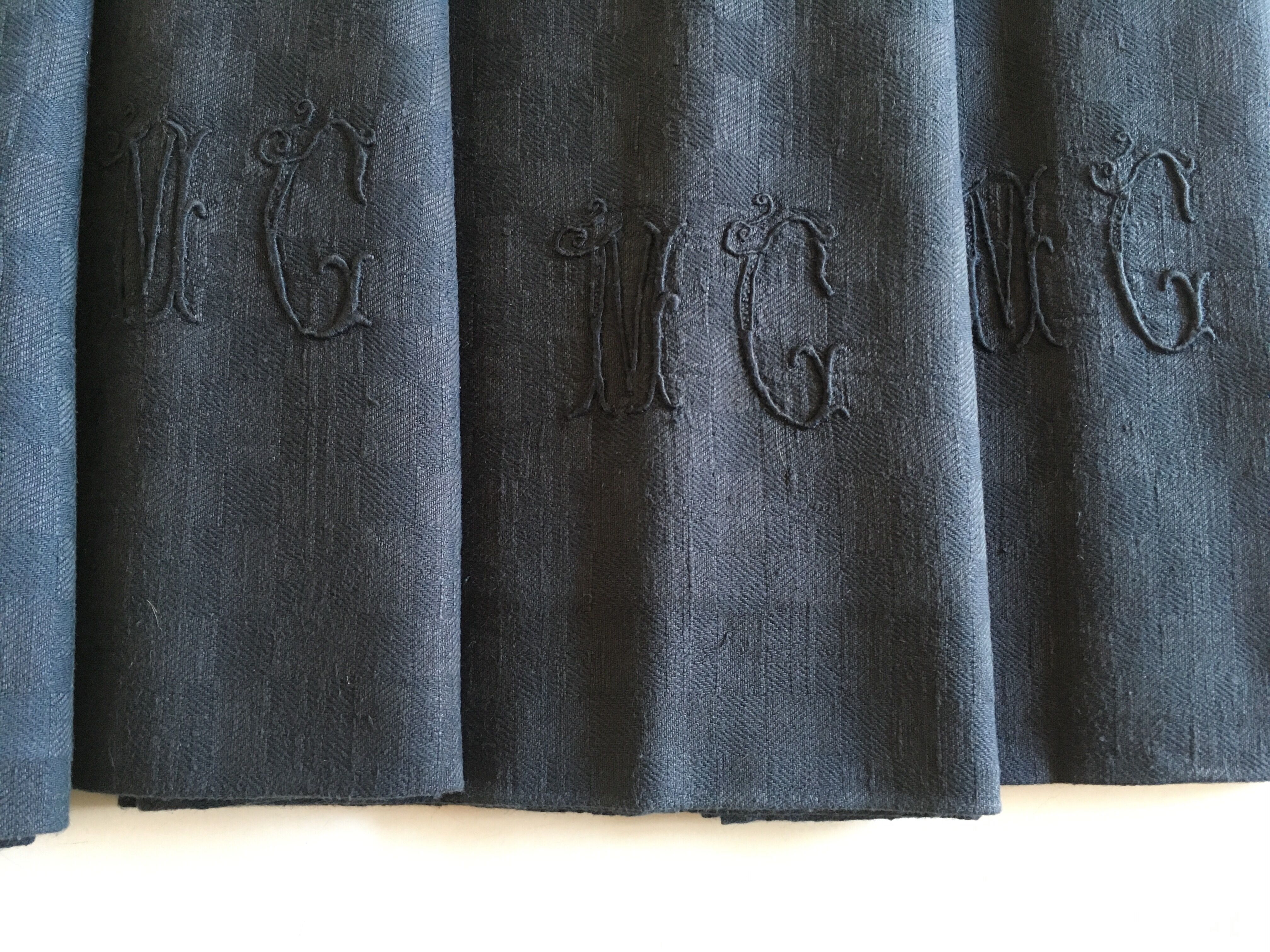 Set of 4 old black damask towels embroidered monogram MC, circa 1920