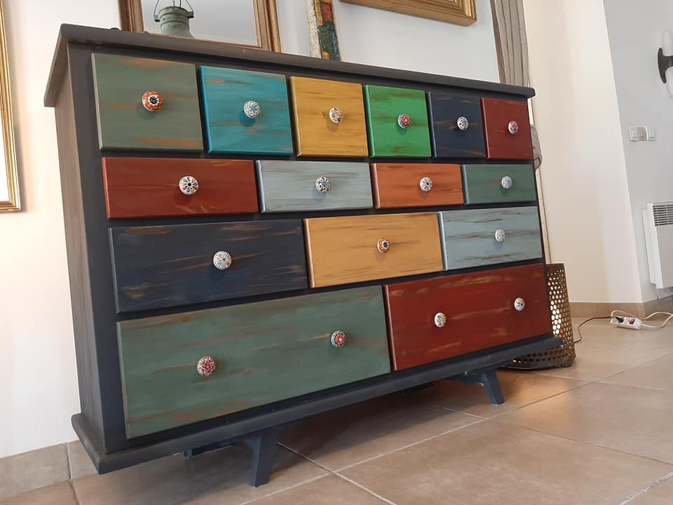 Furniture commode 15 drawers table patchwork patina ebeniste all solid wood multicolored