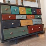 Furniture commode 15 drawers table patchwork patina ebeniste all solid wood multicolored