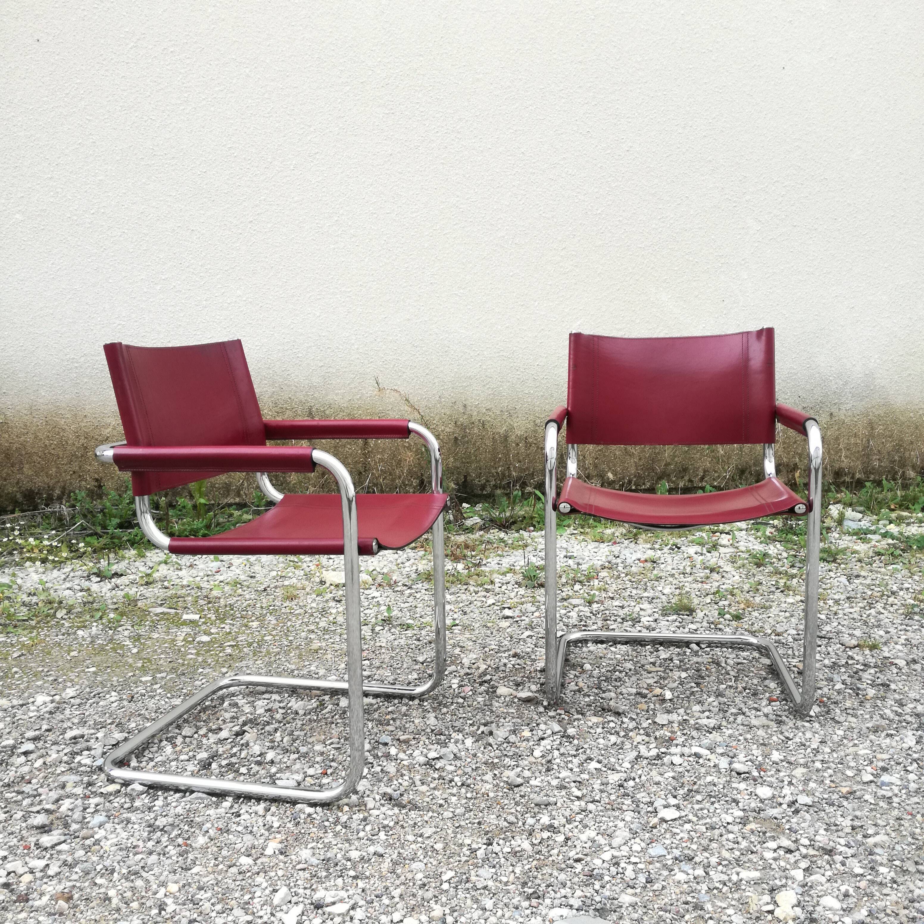 Cantilever armchair in burgundy leather and chrome
