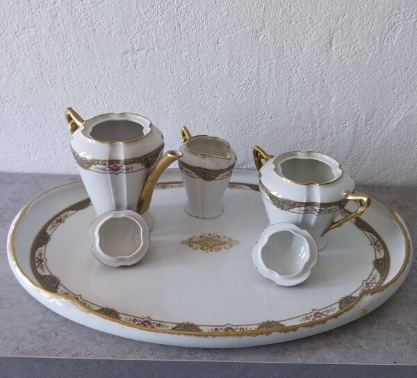 Service à café et thé tête à tête et son plateau en  porcelaine de Limoges