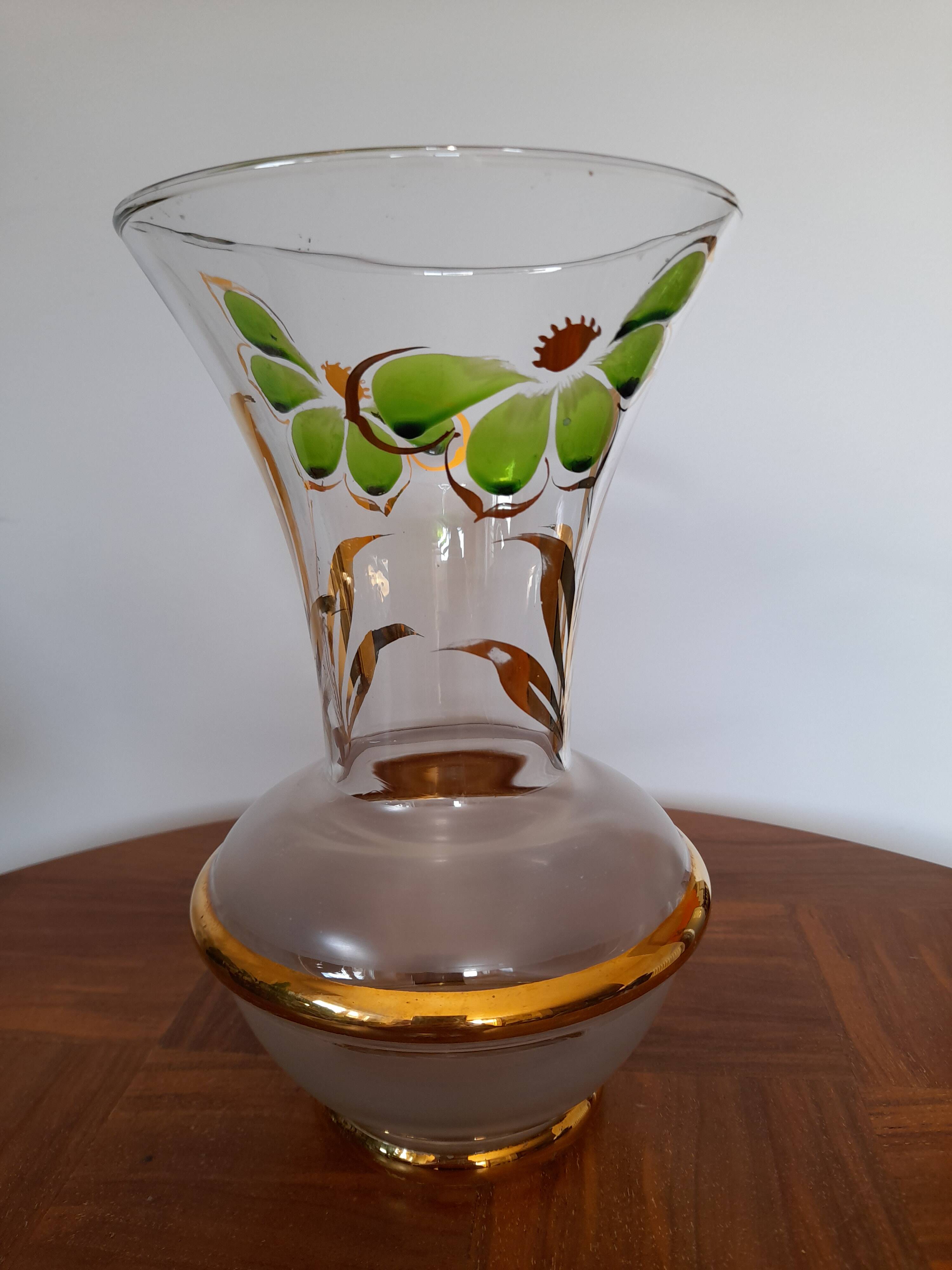 Old glass vase with gilding and Art Deco painted flowers