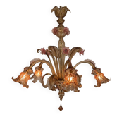 Venetian chandelier in gilded and pink Murano glass, 5 light arms, circa 1930.