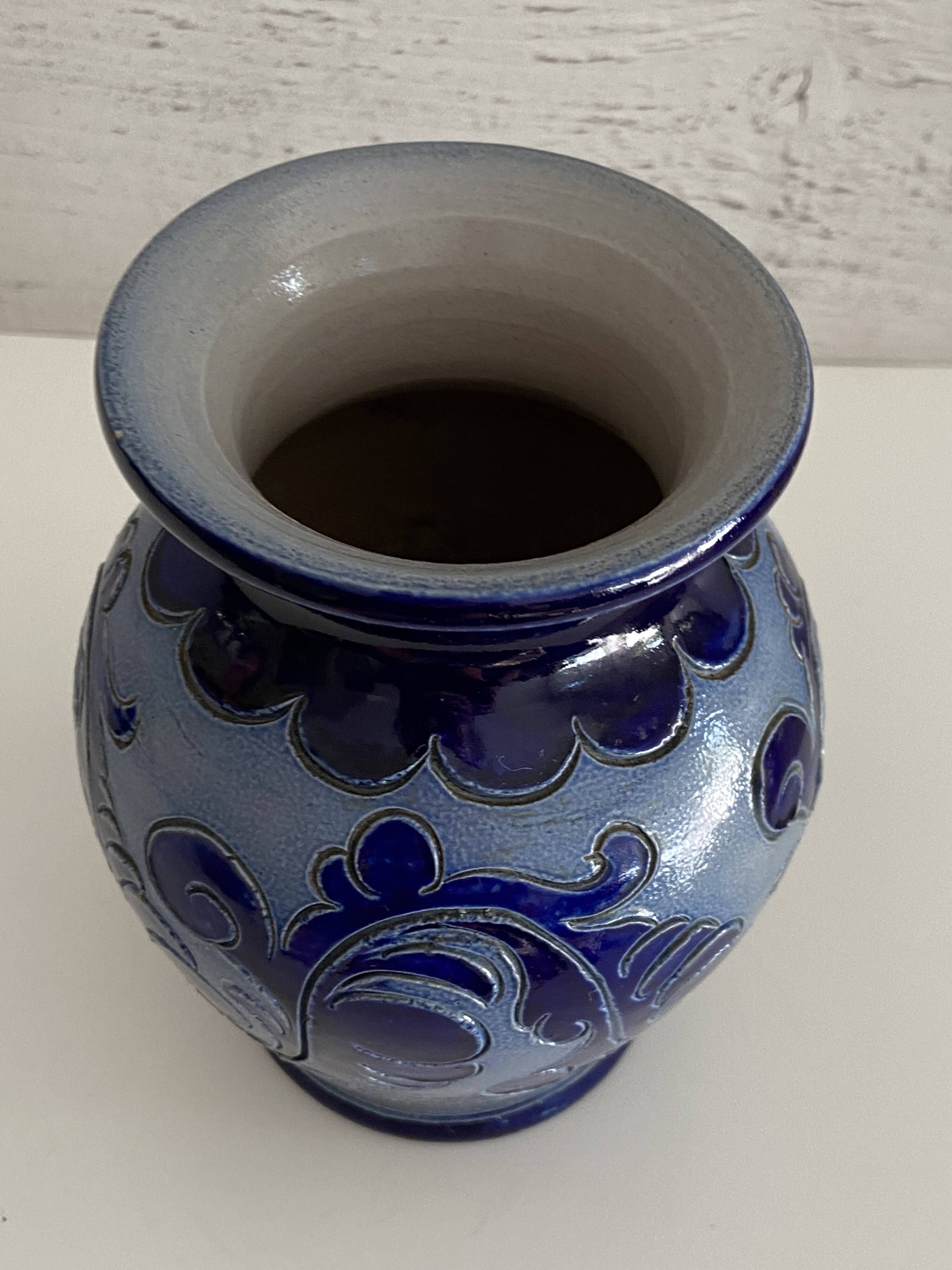 Antique Small Glazed Stoneware Vase, Chiseled, Alsace, Bestchdorf, Signed