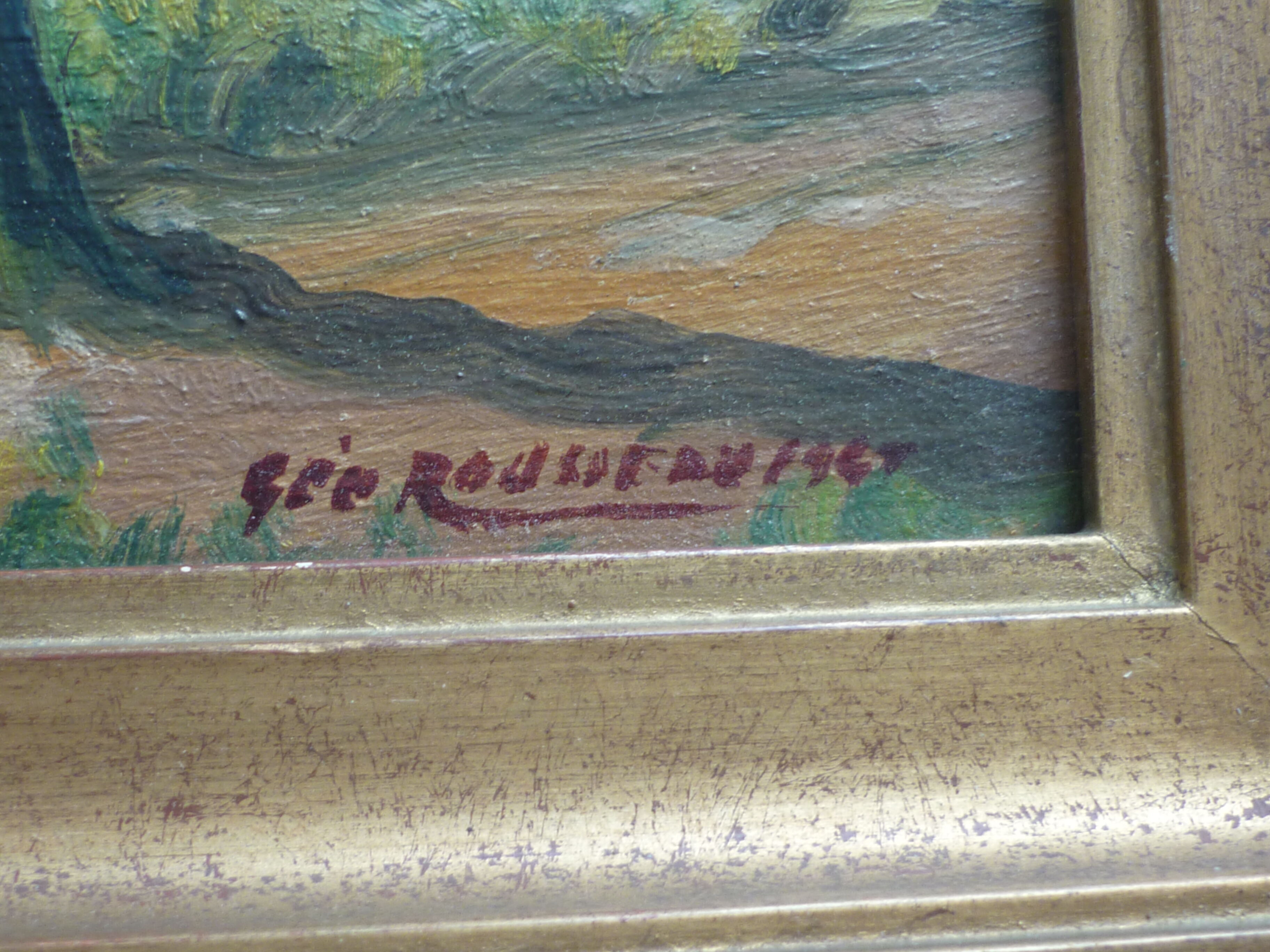 Painted framed lake landscape signed geo rousseau 1967