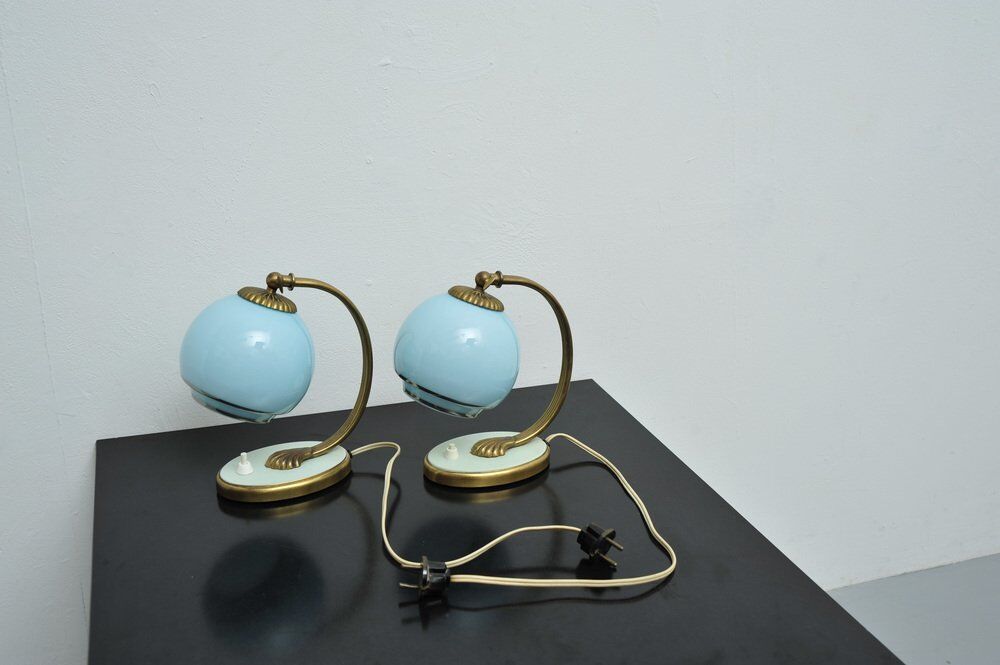 Set of 2x Bedside lamps with blue glass and bronze feet, 1930s