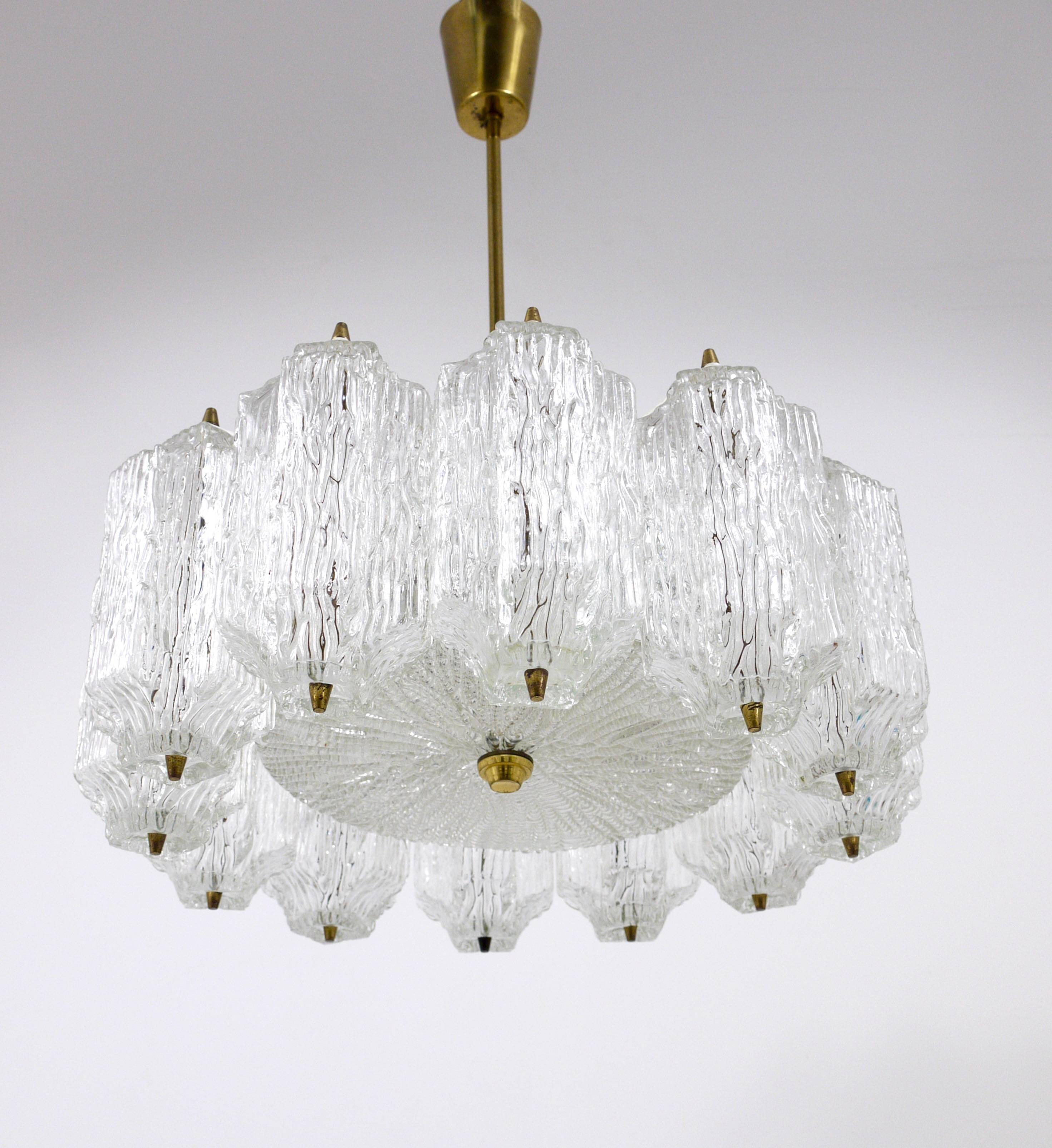 J.T. Kalmar brass chandelier with textured ice glass, Austria, 1950s